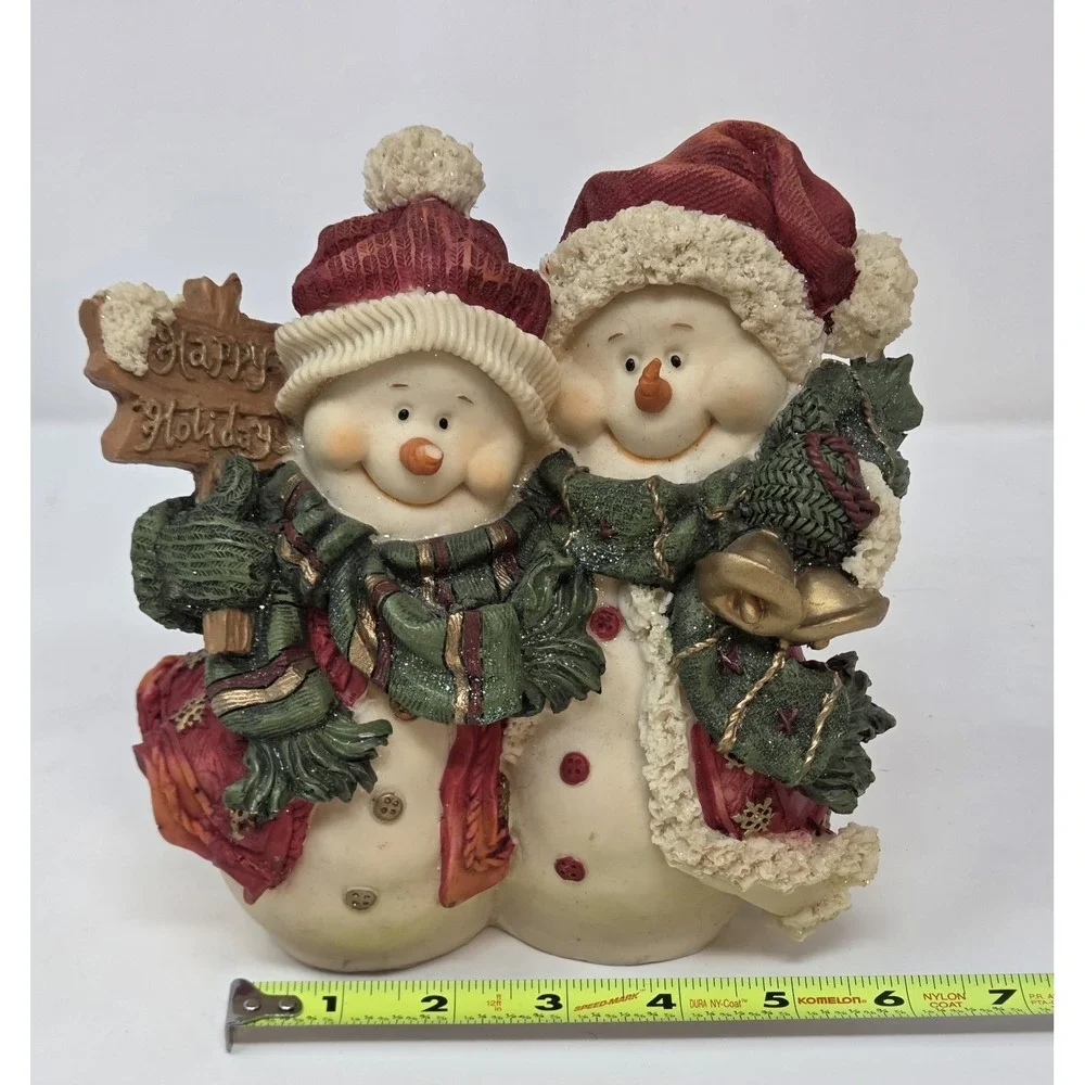 Resin Snowmen Duo Figurine Happy Holiday Sign Bells Christmas Decor 7
